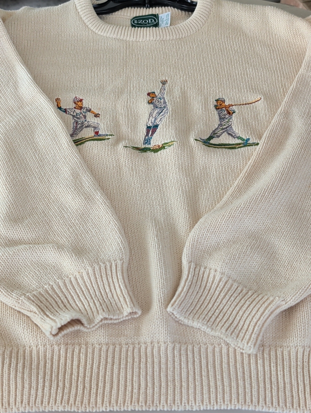 Izod Cream Sweater  Embroidered Baseball Players Men  SZ LG 100%cotton Sports